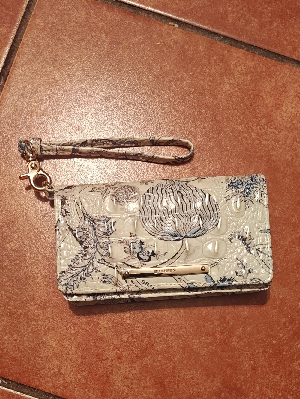 Brahmin Cream Floral Embossed Wristlet Wallet